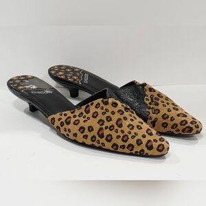 Chico's SERENGETI Leopard Print Black Brown Slide Sandal Heel Kitten 6 M Used